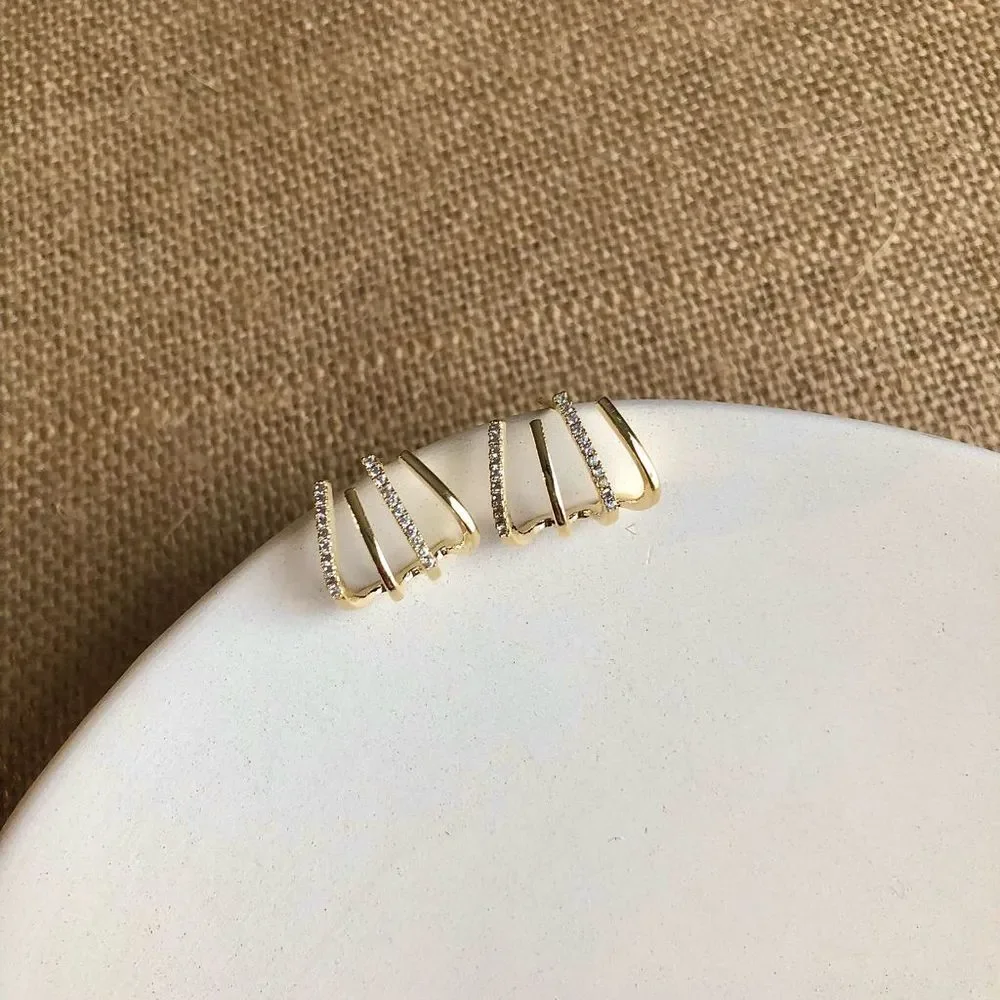 18K Thick Gold Plated Polly Pave Claw Hoops Stud Earrings